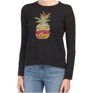 Lisa Todd “You Had Me at Aloha” Pineapple Mixed Media Black Sweater XS NWT